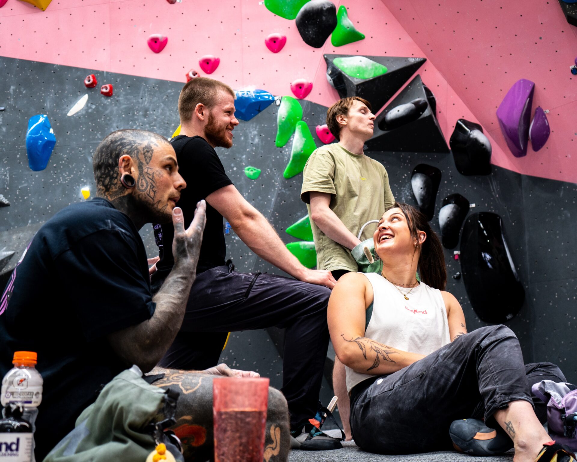 Friends climbing together during a general group booking at Beyond Bouldering
